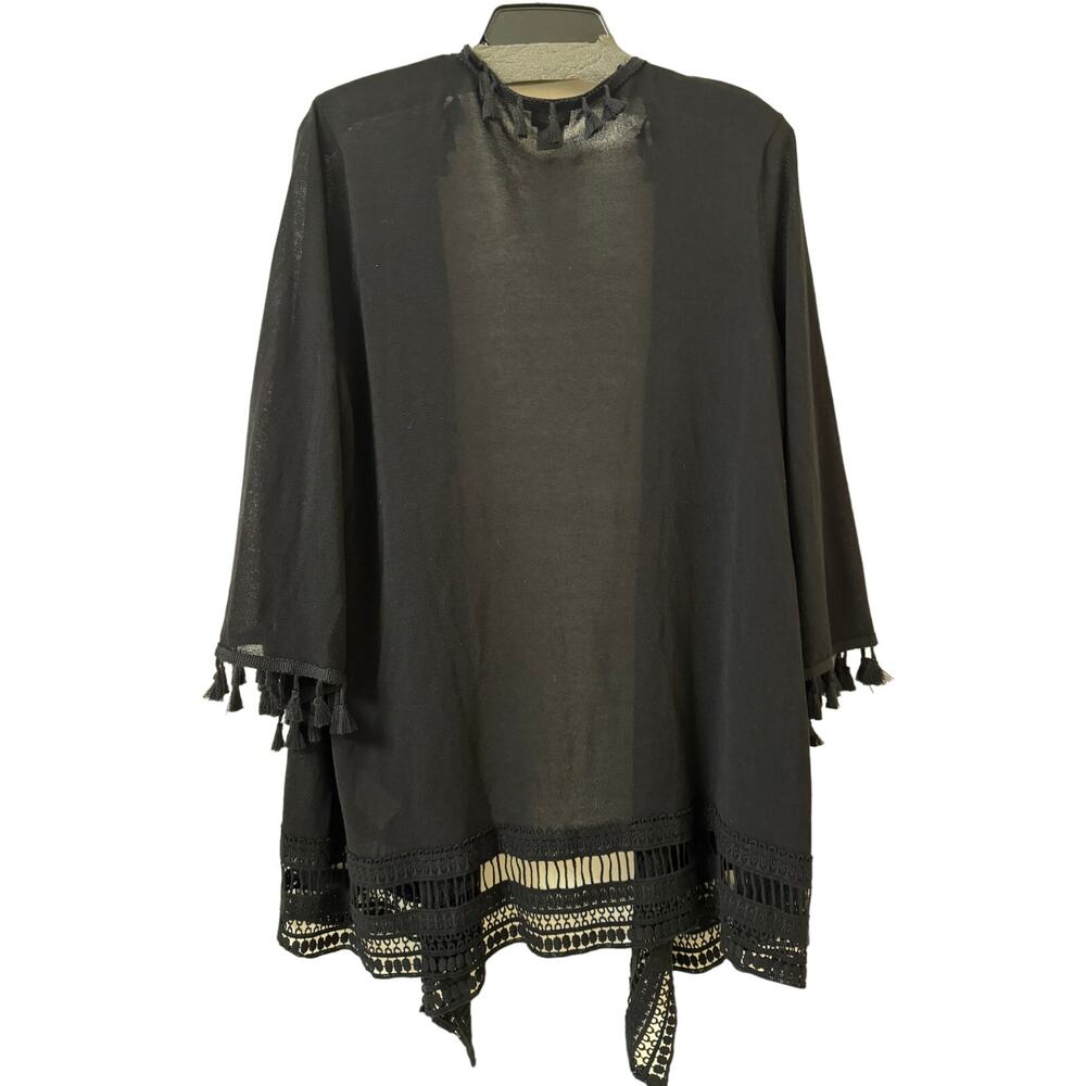 Chico's Size 2, Medium Sheer Black Jacket Tassels Lapel Sleeves Macrame Lace Hem